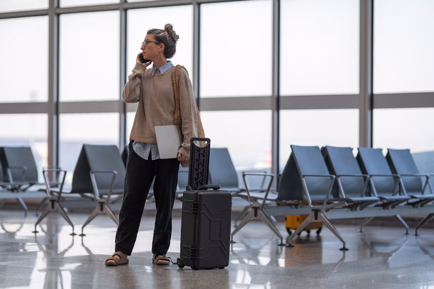 Mulher de óculos fazendo ligação no celular e segurando um notebook em saguão de aeroporto ao lado de uma mala preta, ilustrando quais são os direitos em caso de cancelamento pelo hotel ou anfitrião.