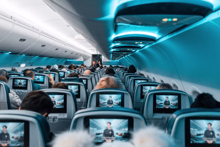 Interior da cabine de um avião comercial cheio de passageiros sentados assistindo às telas de entretenimento de bordo durante o voo.