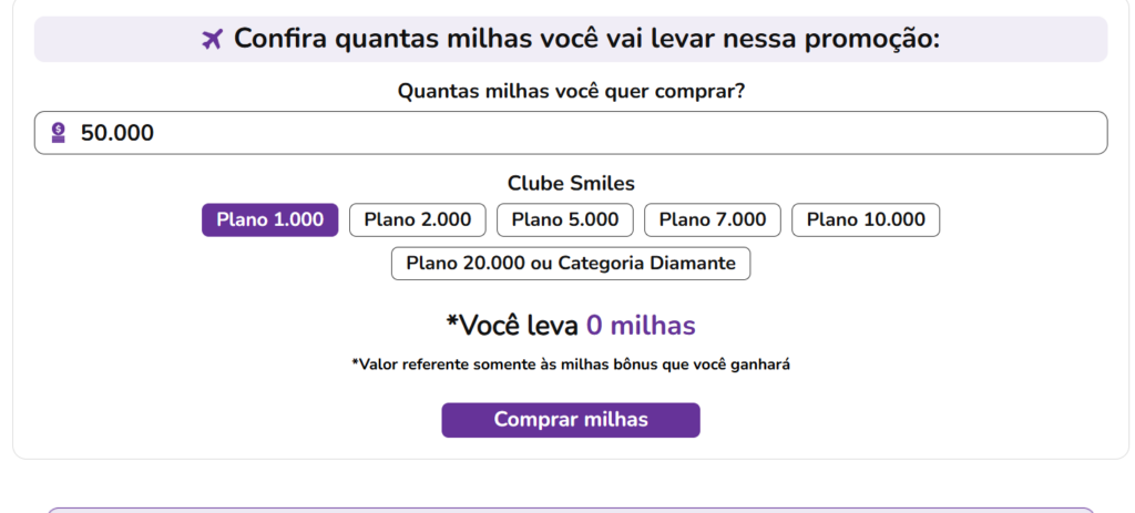Captura de tela do simulador oficial da Smiles mostrando botões de seleção de planos do Clube Smiles, campo preenchido com cinquenta mil milhas e o botão roxo comprar milhas, ilustrando o tutorial de como comprar milhas.