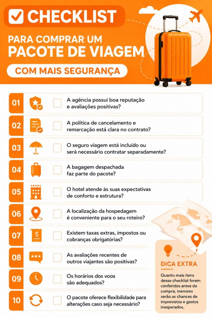 Infográfico laranja com um checklist de 10 itens sobre o que analisar antes de comprar um pacote de viagem com mais segurança, detalhando pontos como reputação da agência, política de cancelamento, taxas extras, voos e hospedagem.