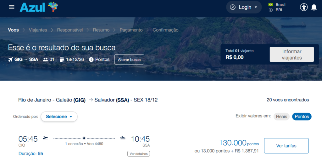 Captura de tela do site da Azul exibindo o resultado de busca de voo com conexão do Rio de Janeiro Galeão para Salvador com valor de cento e trinta mil pontos, ilustrando a análise prática de como comprar milhas.