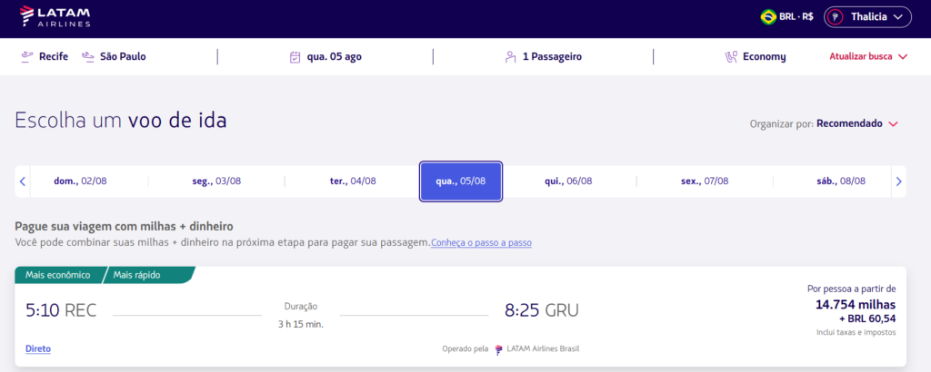 Captura de tela do site da LATAM Airlines exibindo o resultado de busca de voo de Recife para São Paulo pelo valor de quatorze mil setecentas e cinquenta e quatro milhas mais taxas, ilustrando o guia de como comprar passagens com milhas.