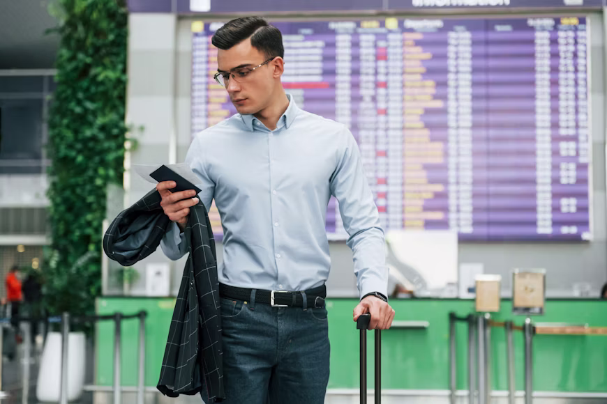 Homem jovem de óculos e camisa social segurando passaporte e passagens no aeroporto, com paletó na mão e apoiado em mala de rodinhas, ilustrando a organização ao emitir bilhetes usando um buscador automático de passagem aérea.